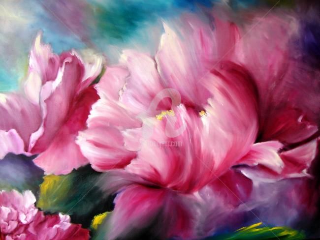 Pittura intitolato "peonie vento di pri…" da Giordana Bussoli, Opera d'arte originale