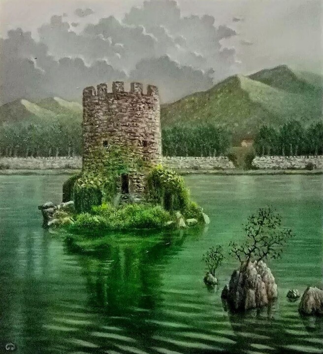Painting titled "Lake shelter" by Giorgio Cavalieri, Original Artwork, Oil Mounted on Wood Stretcher frame