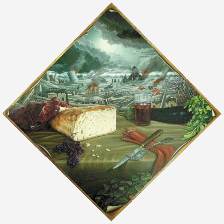 Painting titled "The last meal" by Giorgio Cavalieri, Original Artwork, Oil Mounted on Wood Stretcher frame