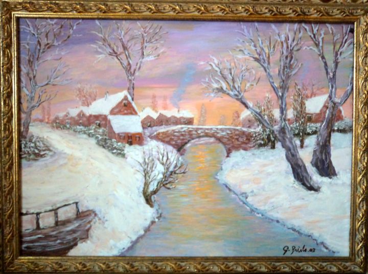 Pittura intitolato "Tramonto sulla neve" da Giorgio Priolo, Opera d'arte originale, Olio