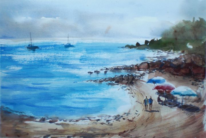 Painting titled "in the beachside" by Giorgio Gosti, Original Artwork, Watercolor