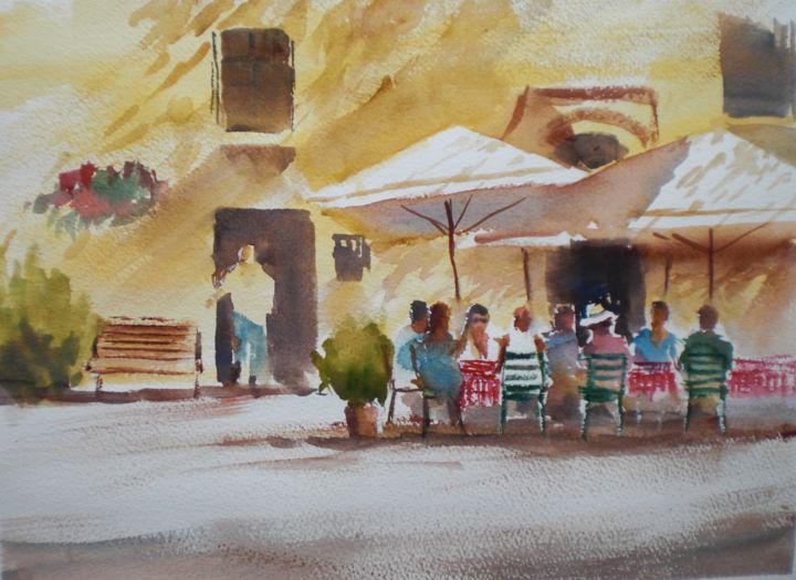 Painting titled "Cafe in Tuscany" by Giorgio Gosti, Original Artwork, Watercolor
