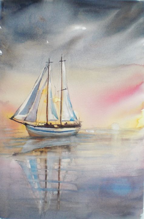「boat」というタイトルの絵画 Giorgio Gostiによって, オリジナルのアートワーク, 水彩画