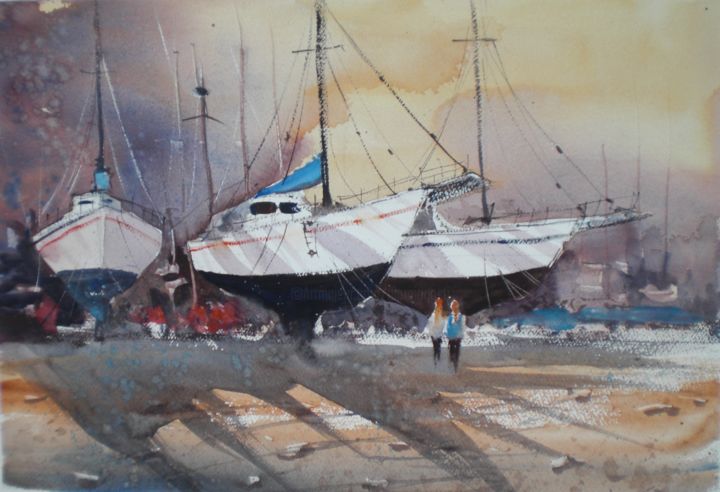 Malerei mit dem Titel "shipyard" von Giorgio Gosti, Original-Kunstwerk, Aquarell