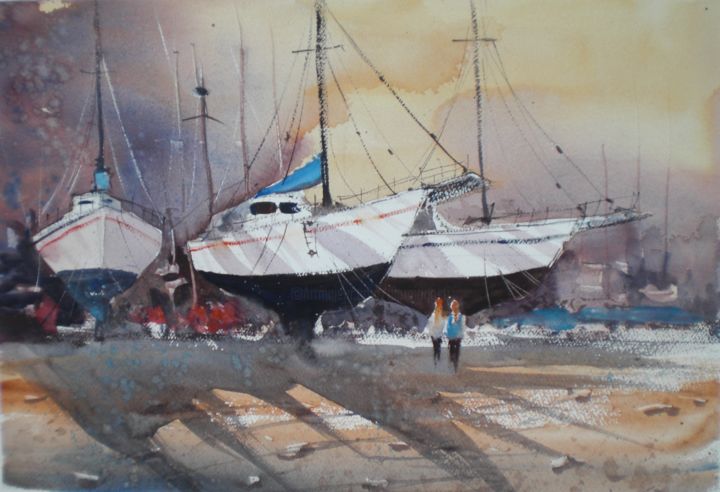 「shipyard」というタイトルの絵画 Giorgio Gostiによって, オリジナルのアートワーク, 水彩画