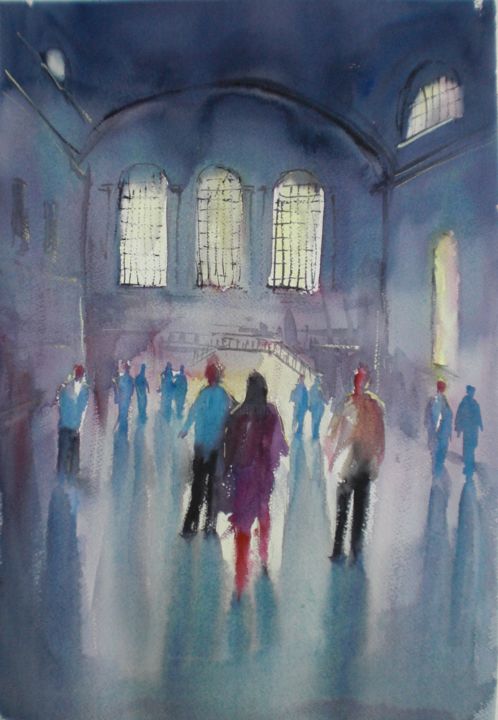 Painting titled "crowd in railway st…" by Giorgio Gosti, Original Artwork, Watercolor