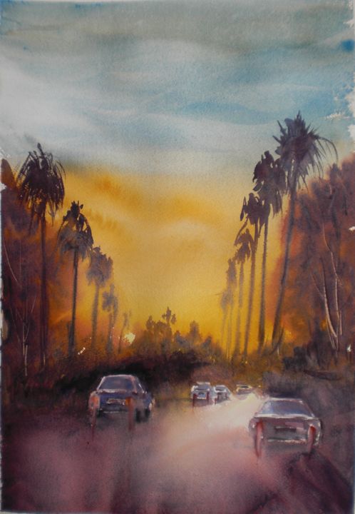 Painting titled "cars in the sunset" by Giorgio Gosti, Original Artwork, Watercolor