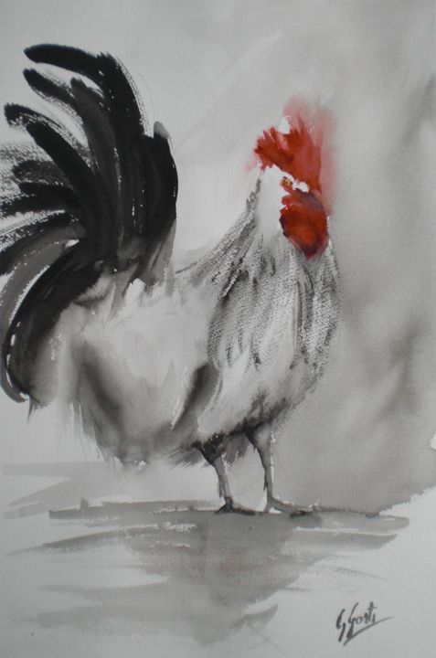 Painting titled "rooster 6" by Giorgio Gosti, Original Artwork, Watercolor