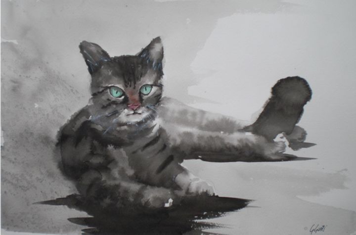 Painting titled "lying cat" by Giorgio Gosti, Original Artwork, Watercolor