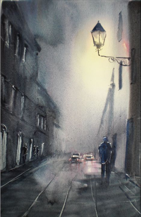 Painting titled "walking in the night" by Giorgio Gosti, Original Artwork, Watercolor