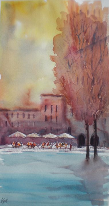 Peinture intitulée "cafè in the sunset" par Giorgio Gosti, Œuvre d'art originale, Aquarelle