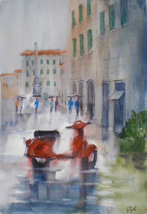 Peinture intitulée "vespa in the rain" par Giorgio Gosti, Œuvre d'art originale, Aquarelle