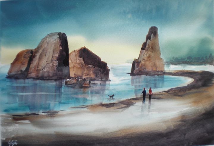 Peinture intitulée "walking on the beach" par Giorgio Gosti, Œuvre d'art originale, Aquarelle