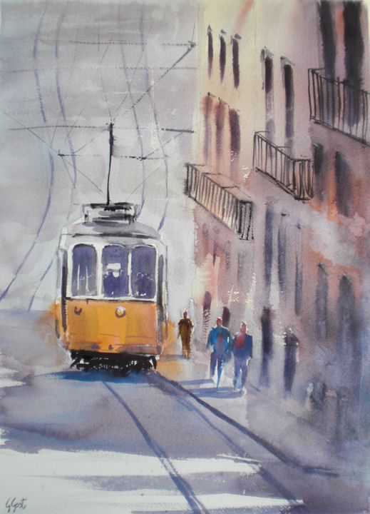 Malerei mit dem Titel "tram in Lisbon" von Giorgio Gosti, Original-Kunstwerk, Aquarell