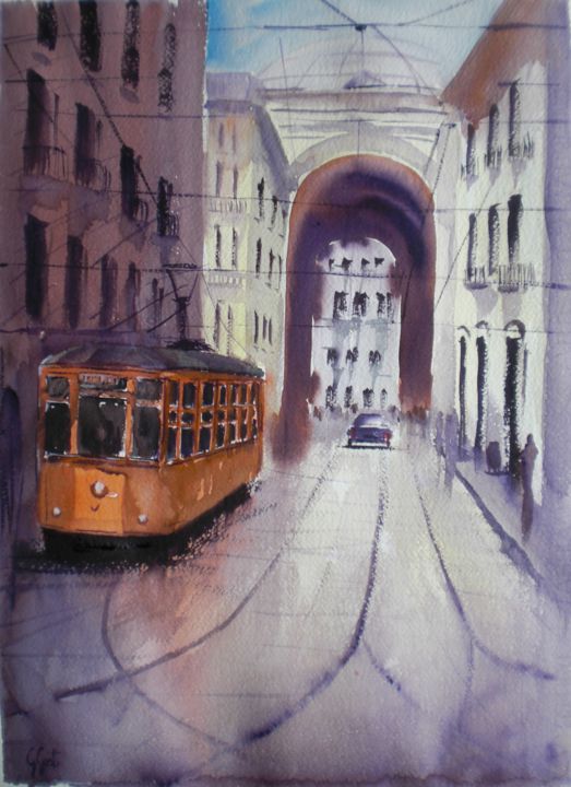 Peinture intitulée "tram in Milan" par Giorgio Gosti, Œuvre d'art originale, Aquarelle