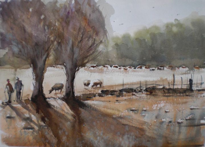 Malerei mit dem Titel "flock of sheep" von Giorgio Gosti, Original-Kunstwerk, Aquarell