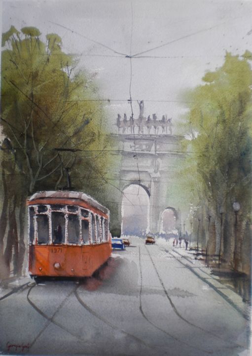Painting titled "tram in Milan 3" by Giorgio Gosti, Original Artwork, Watercolor