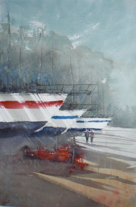 Painting titled "shipyard 5" by Giorgio Gosti, Original Artwork, Watercolor