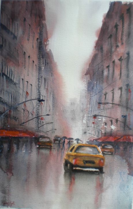 Pittura intitolato "rainy day in NYC" da Giorgio Gosti, Opera d'arte originale, Acquarello