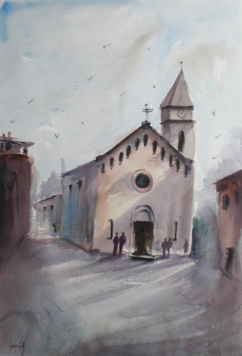 Schilderij getiteld "San Lorenzo church…" door Giorgio Gosti, Origineel Kunstwerk, Aquarel