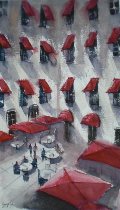 Malerei mit dem Titel "red awnings" von Giorgio Gosti, Original-Kunstwerk, Aquarell