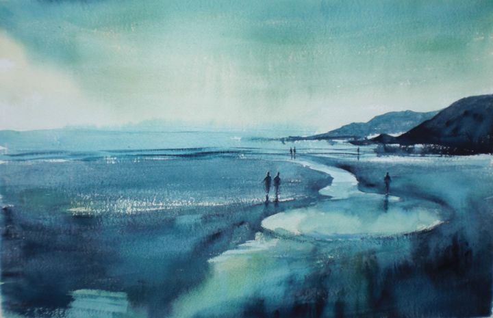 Painting titled "walking on the beac…" by Giorgio Gosti, Original Artwork, Watercolor