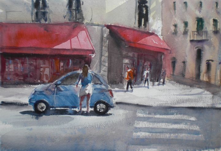 Schilderij getiteld "a girl and her car" door Giorgio Gosti, Origineel Kunstwerk, Aquarel