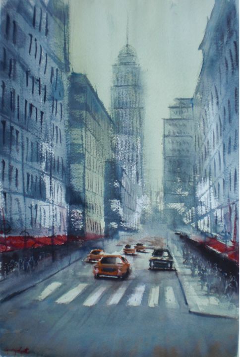 Painting titled "yellow cabs in New…" by Giorgio Gosti, Original Artwork, Watercolor