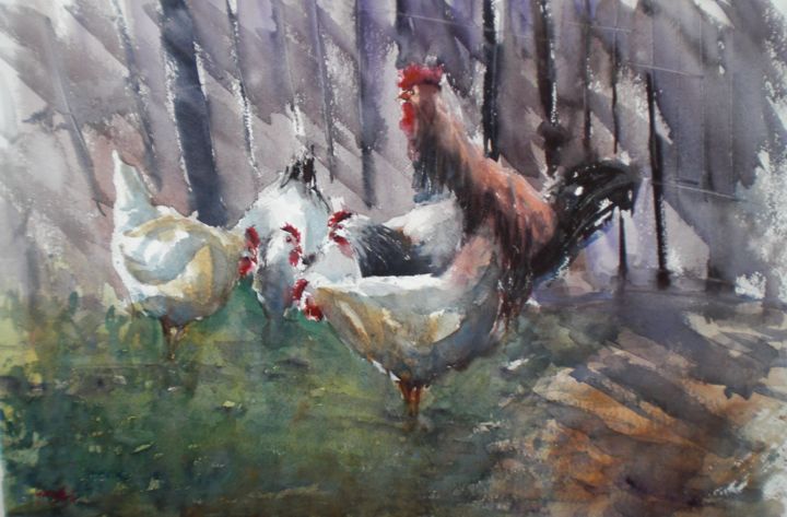 Painting titled "rooster and hens" by Giorgio Gosti, Original Artwork, Watercolor