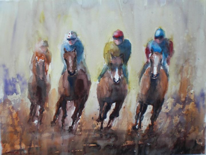 Ζωγραφική με τίτλο "the horse race 2" από Giorgio Gosti, Αυθεντικά έργα τέχνης, Ακουαρέλα
