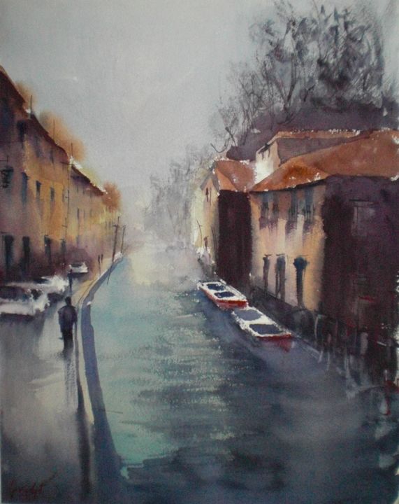 Malarstwo zatytułowany „Martesana's canal -…” autorstwa Giorgio Gosti, Oryginalna praca, Akwarela