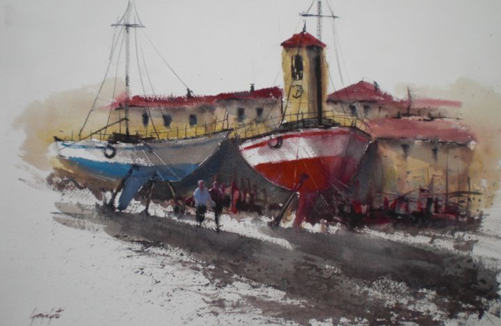 Pittura intitolato "Garda Lake - boats" da Giorgio Gosti, Opera d'arte originale, Acquarello