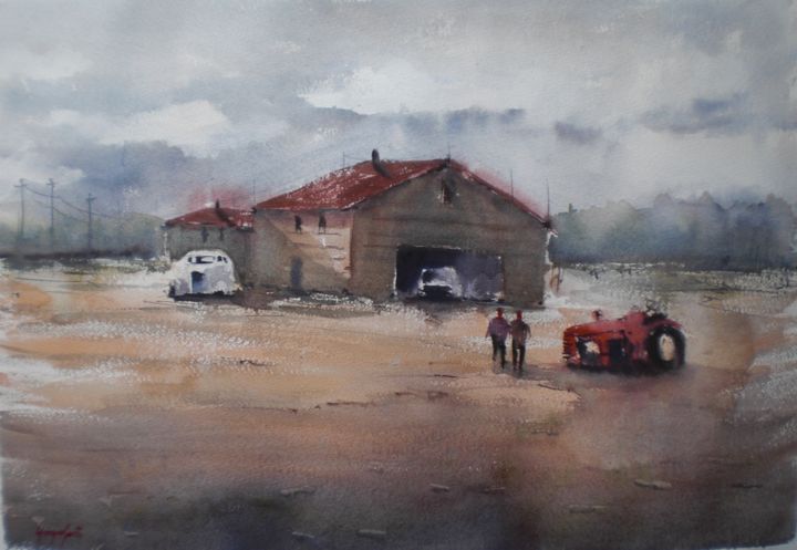 Картина под названием "old tractor and cars" - Giorgio Gosti, Подлинное произведение искусства, Акварель