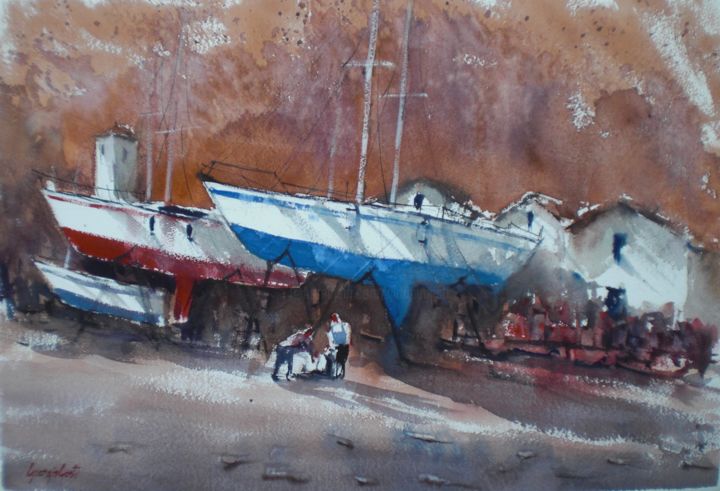 Painting titled "Garda lake - boats 2" by Giorgio Gosti, Original Artwork, Watercolor