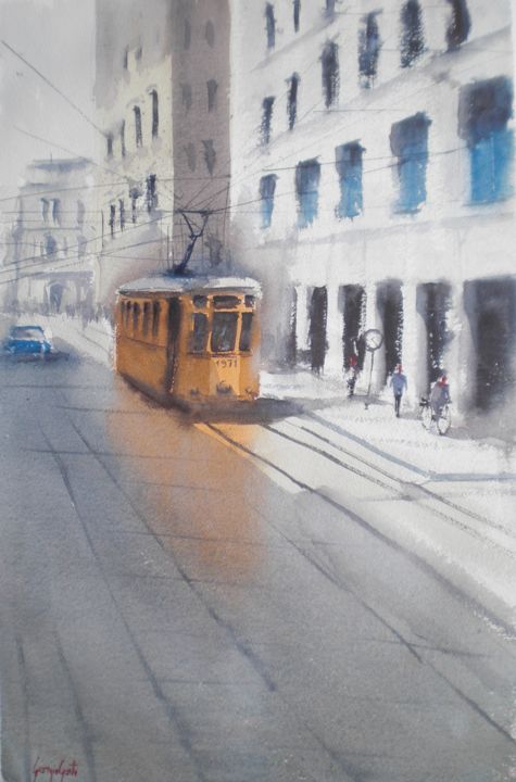 Painting titled "tram in Milan 9" by Giorgio Gosti, Original Artwork, Watercolor