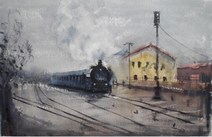 Painting titled "trains 4" by Giorgio Gosti, Original Artwork, Watercolor