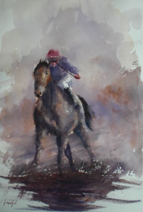 Painting titled "the horse race 4" by Giorgio Gosti, Original Artwork, Watercolor