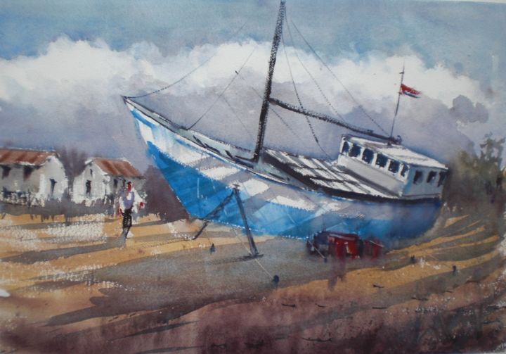 Картина под названием "boat stranded 2" - Giorgio Gosti, Подлинное произведение искусства, Акварель