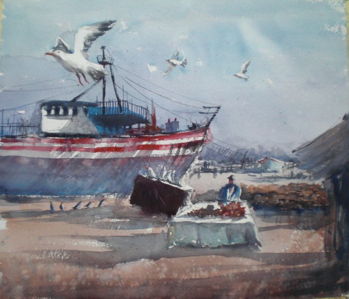 Malerei mit dem Titel "Essaouria's harbor" von Giorgio Gosti, Original-Kunstwerk, Aquarell
