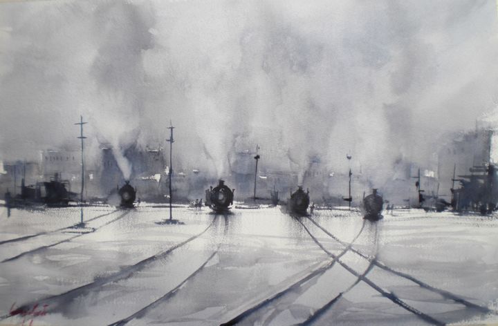 Painting titled "Trains 6" by Giorgio Gosti, Original Artwork, Watercolor