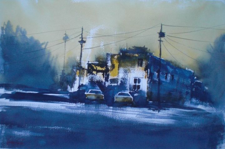 Painting titled "cars in the night" by Giorgio Gosti, Original Artwork, Watercolor