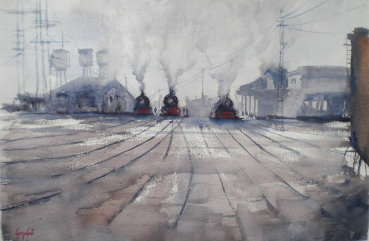 Ζωγραφική με τίτλο "Trains 7" από Giorgio Gosti, Αυθεντικά έργα τέχνης, Ακουαρέλα