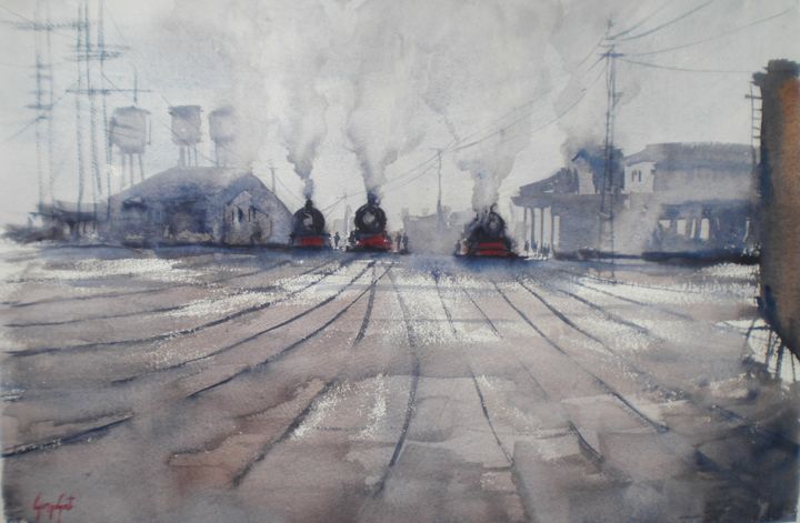 Painting titled "Trains 7" by Giorgio Gosti, Original Artwork, Watercolor