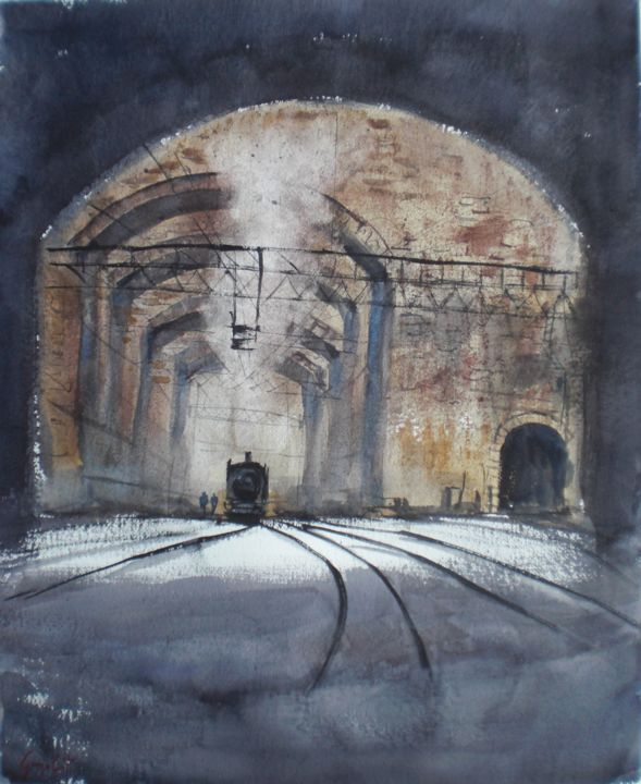 Painting titled "trains 9" by Giorgio Gosti, Original Artwork, Watercolor