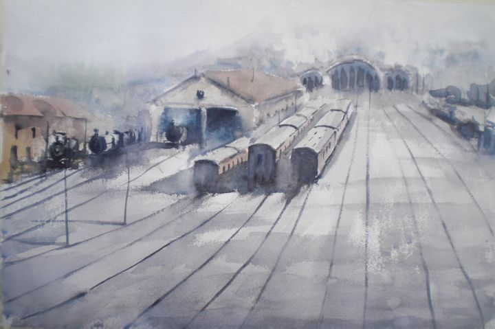 Painting titled "trains 11" by Giorgio Gosti, Original Artwork, Watercolor