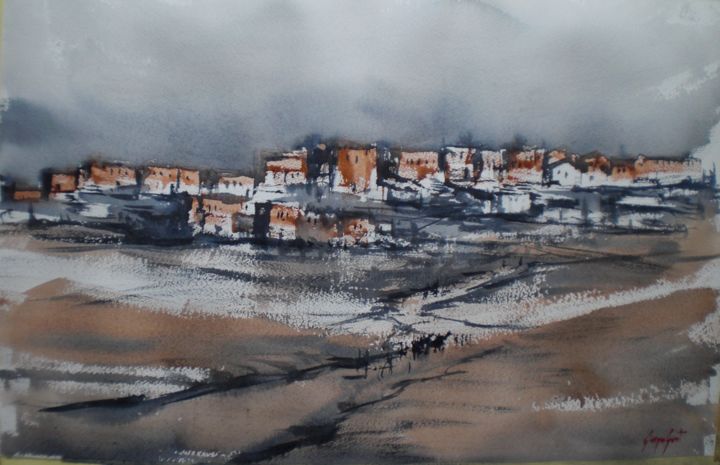 Painting titled "an imaginary village" by Giorgio Gosti, Original Artwork, Watercolor