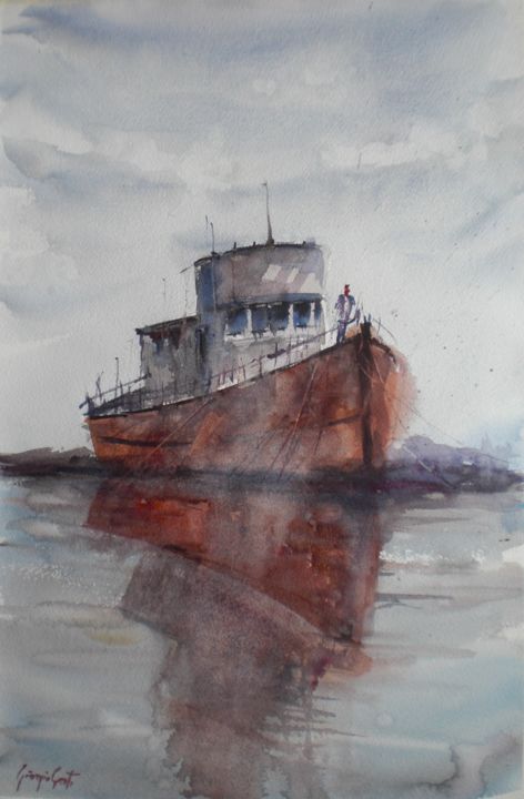 Painting titled "boat stranded 5" by Giorgio Gosti, Original Artwork, Watercolor
