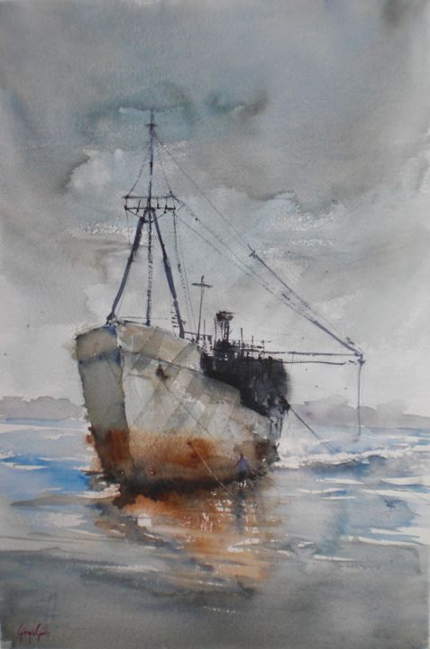 Painting titled "boat stranded 7" by Giorgio Gosti, Original Artwork, Watercolor