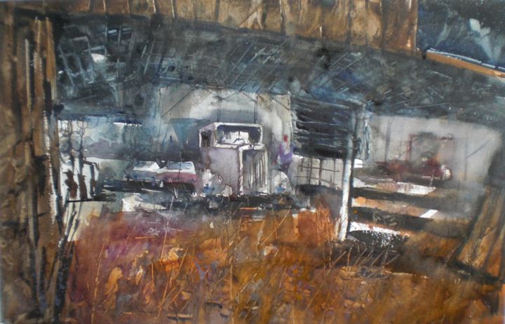 Painting titled "cars in countryside" by Giorgio Gosti, Original Artwork, Watercolor