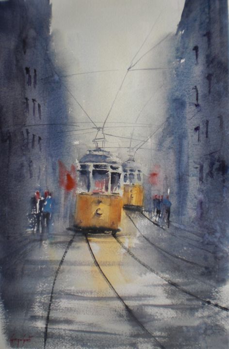 Peinture intitulée "tram in Milan 14" par Giorgio Gosti, Œuvre d'art originale, Aquarelle